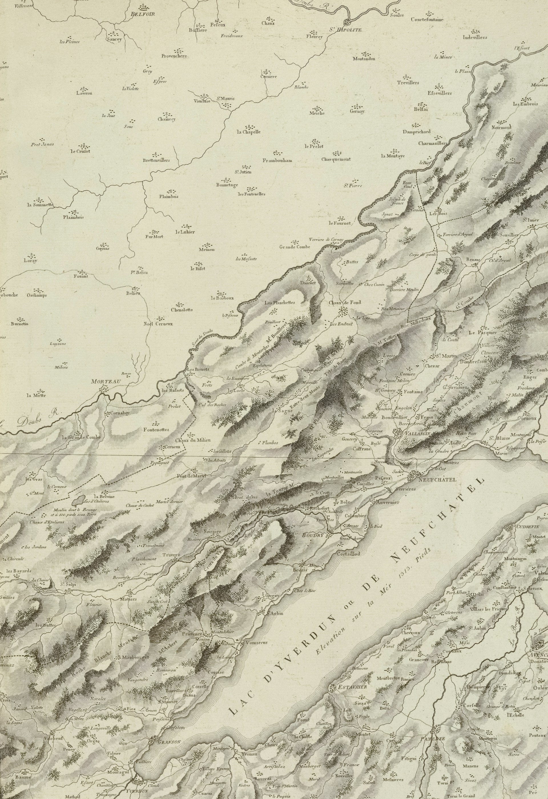 Antique map showing lake neuchâtel and surrounding terrain