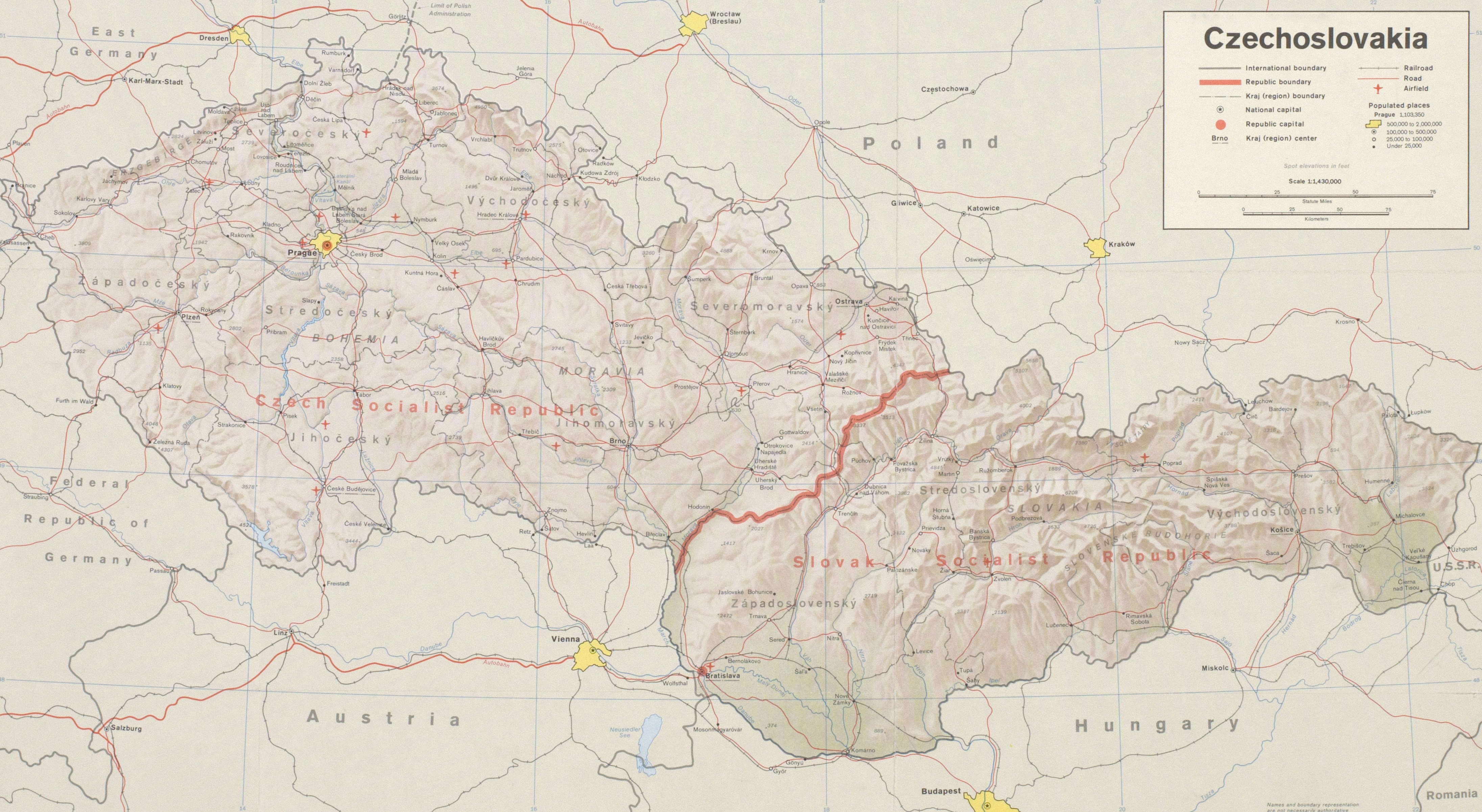 Map of czechoslovakia showing mountains and cities