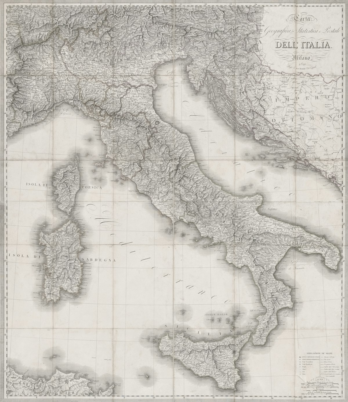 Vintage map of Italy showing the travel route