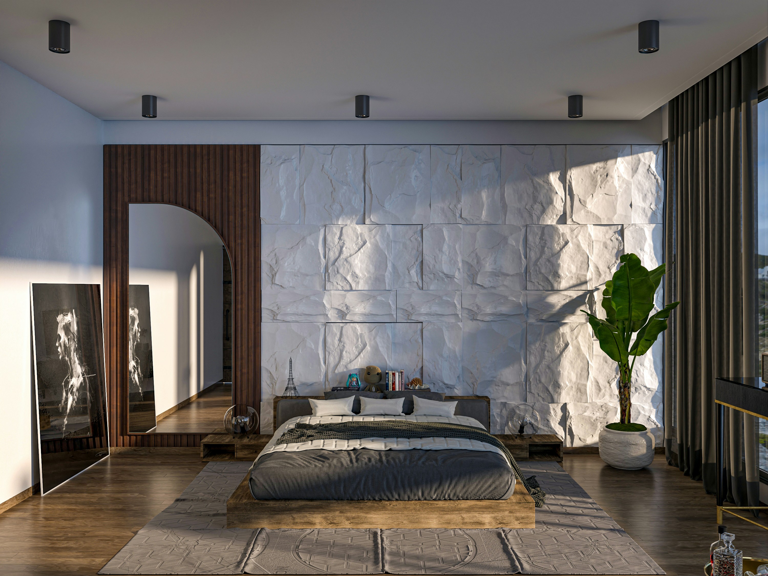 A bedroom with a large bed and a large window