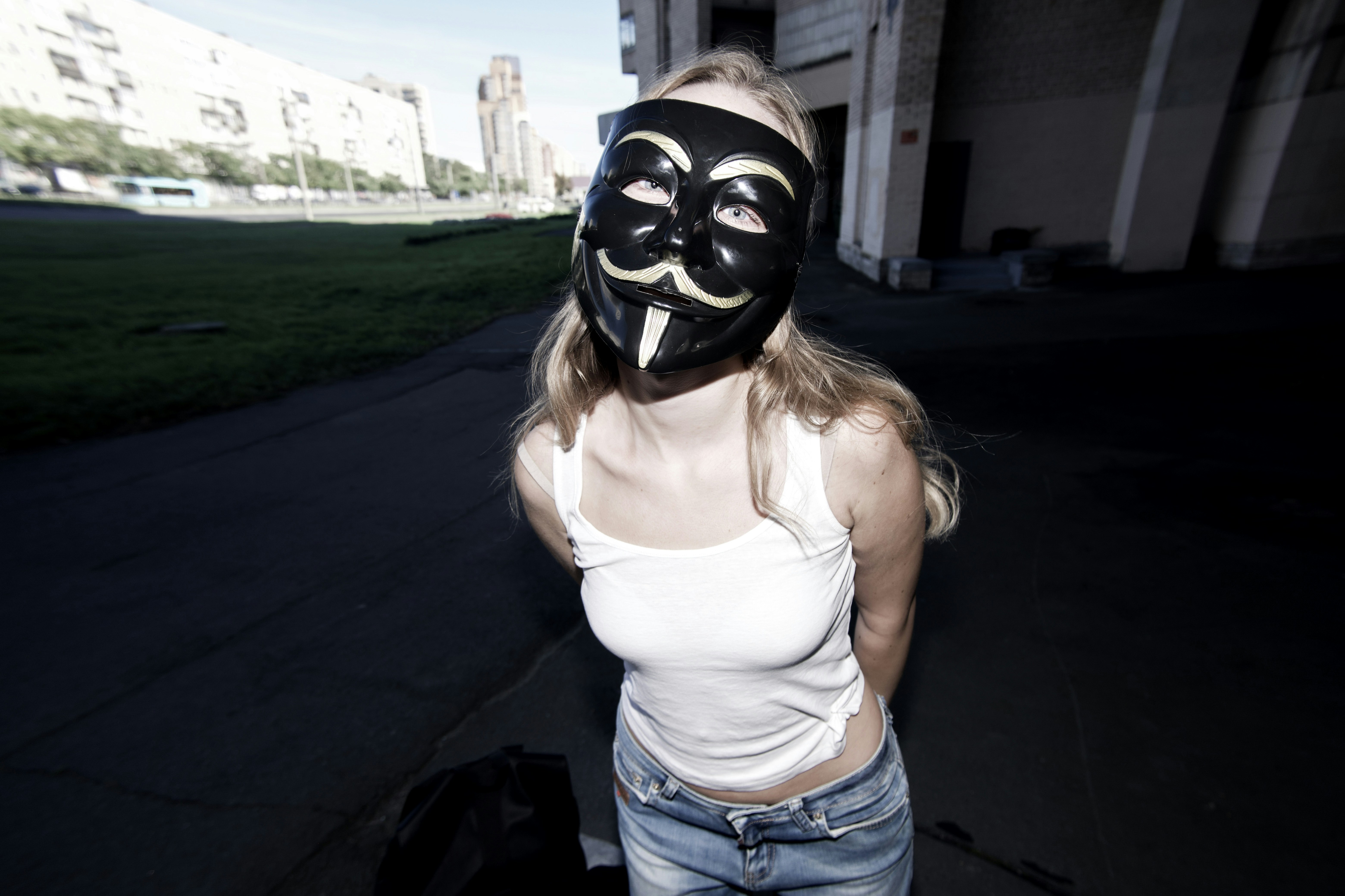 A woman with a mask on her face