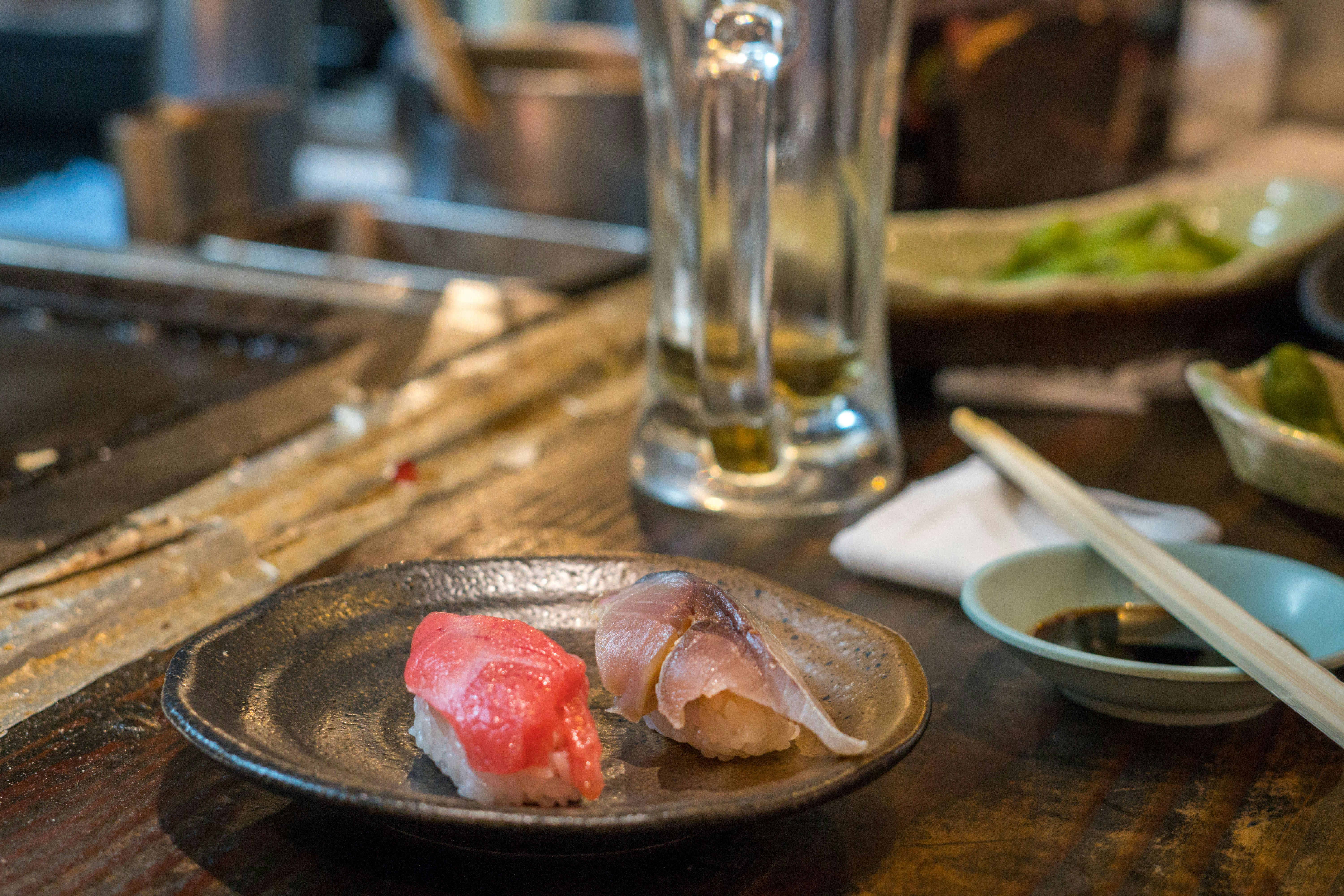 Sushi plate on a restaurant counter