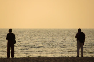 Two people standing on a beach watching the ocean