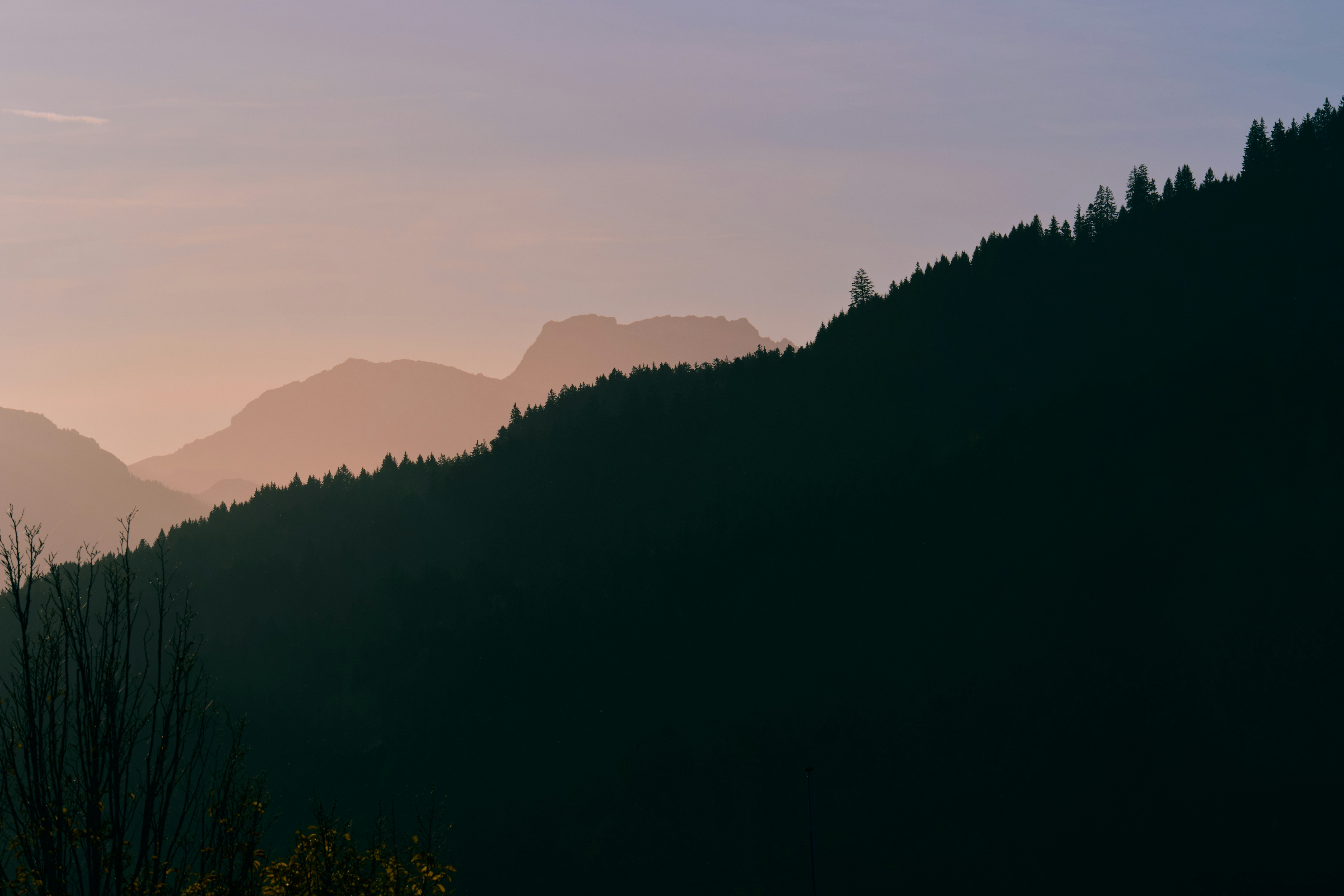A bird flying over a mountain with a sunset in the background