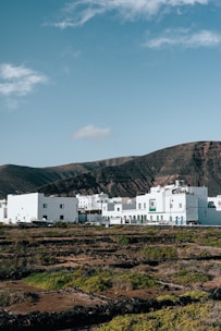 A group of white buildings sitting on top of a lush green field