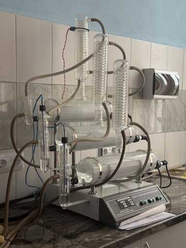 A kitchen counter top with a machine on top of it
