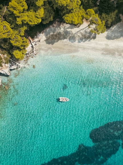 An aerial view of a boat in the water