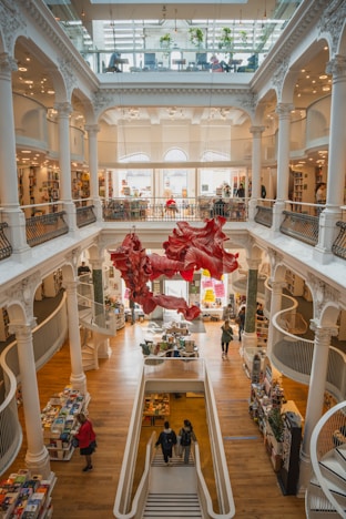 A large building with a lot of people inside of it