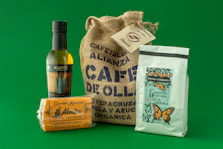 A bag of cheese, a bottle of wine, and a bag of cheese