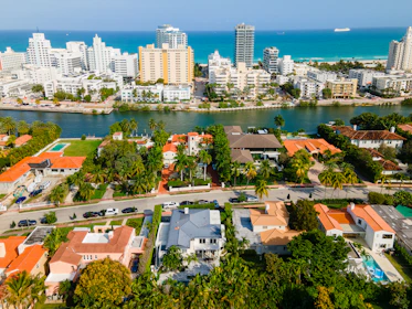 An aerial view of a city with a river running through it