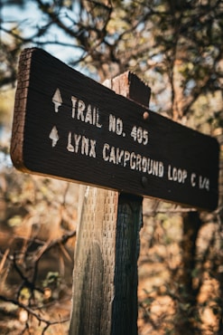A trail sign is posted on a wooden post