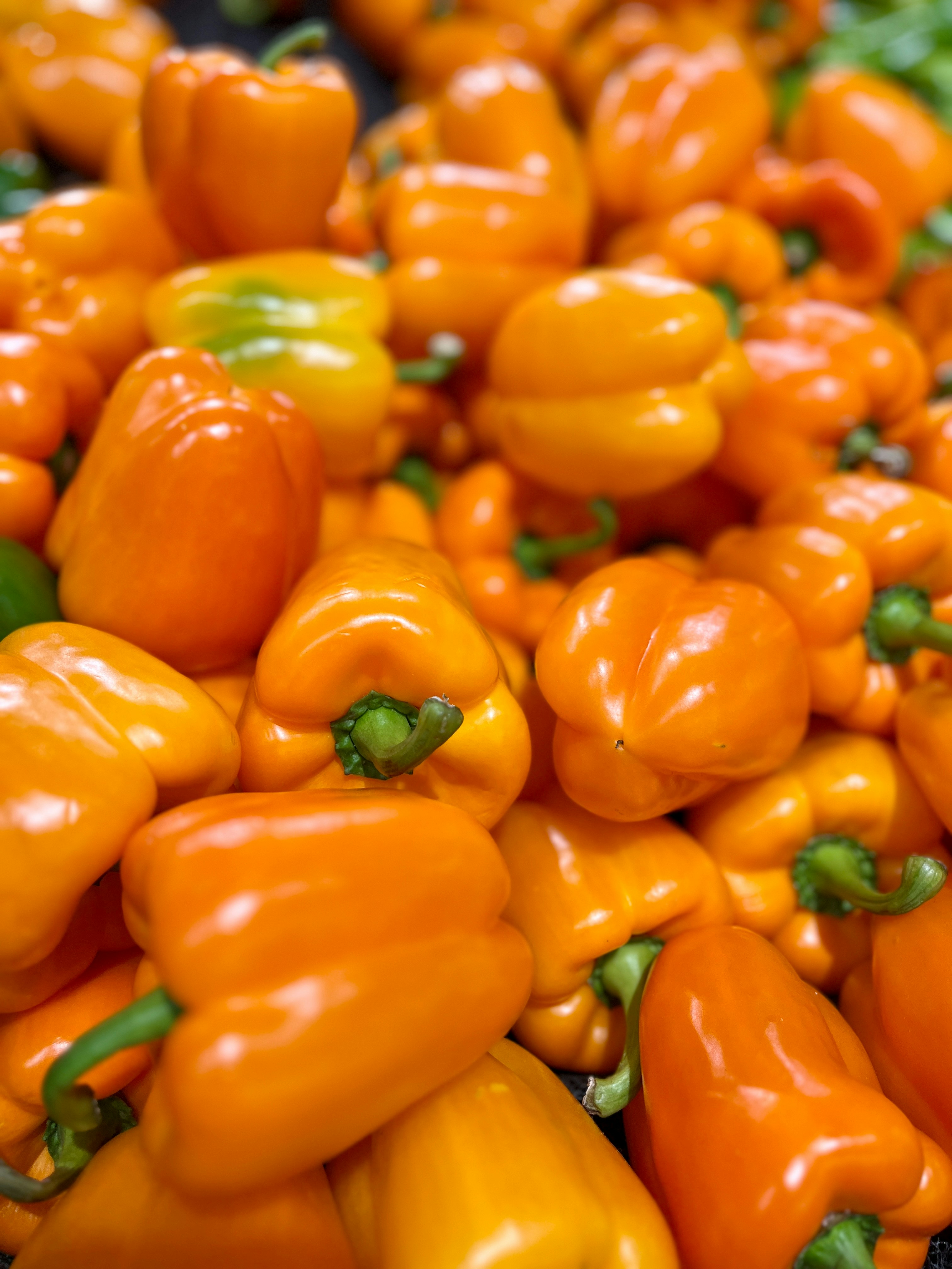 A pile of orange peppers sitting next to each other