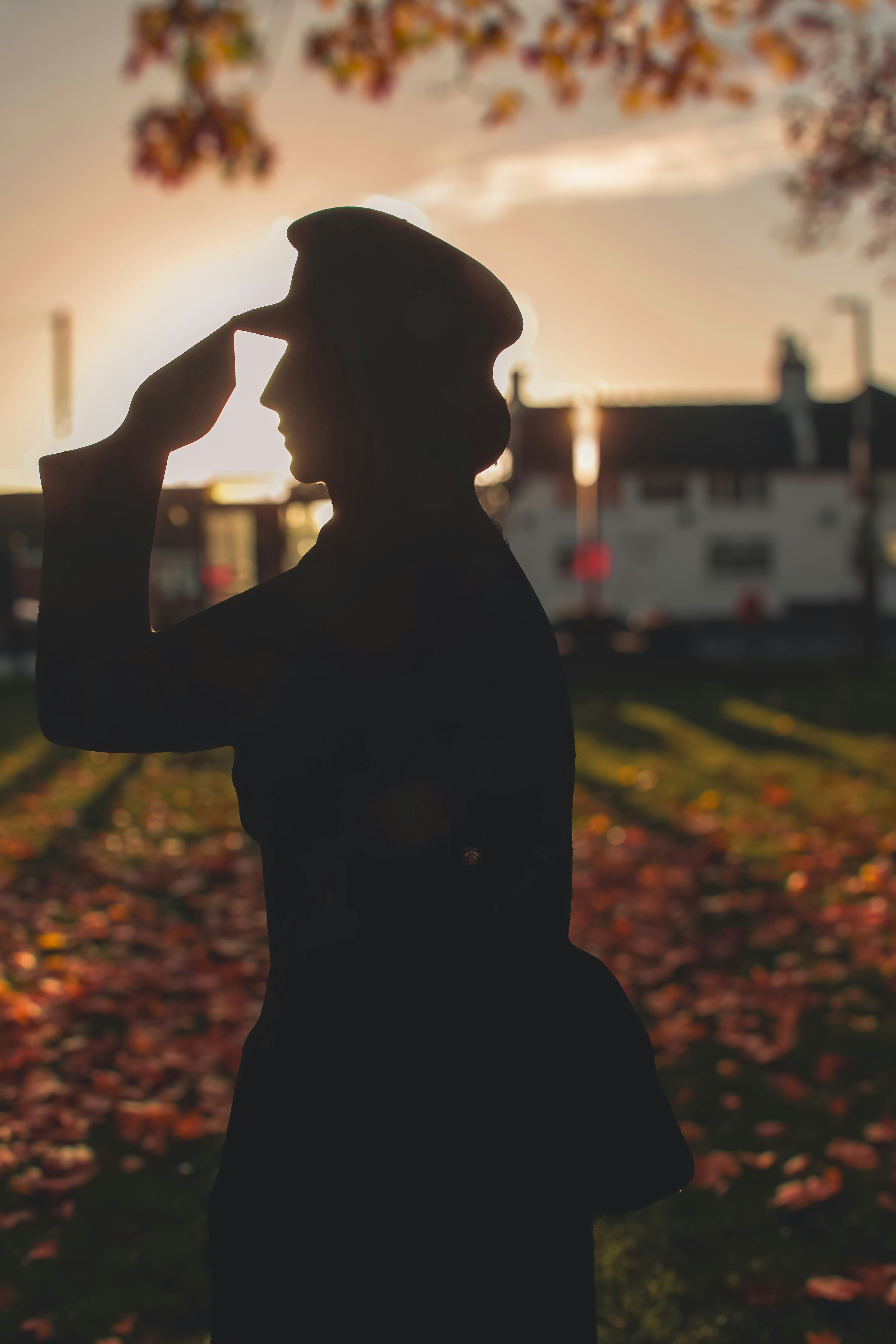 A silhouette of a woman standing in a field
