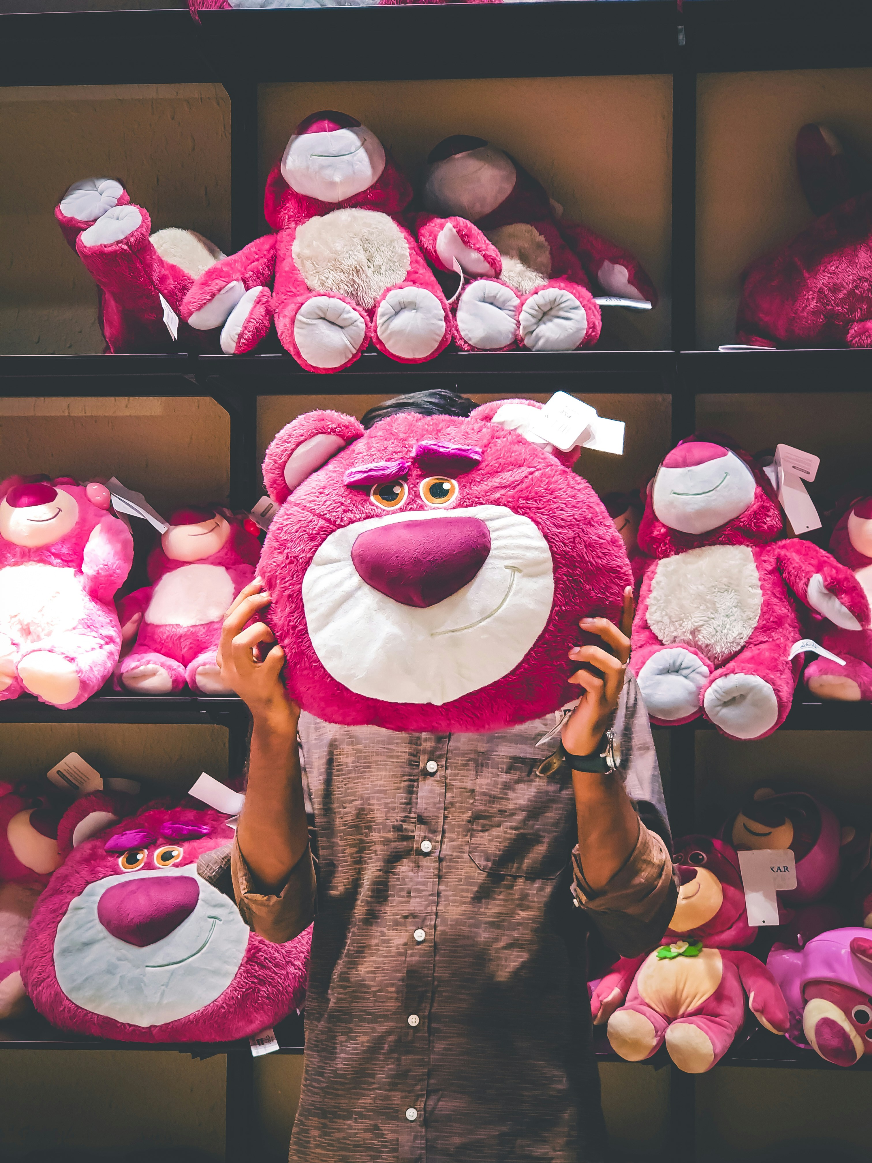 A person standing in front of a shelf of stuffed animals