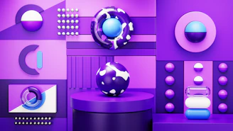 A purple and blue abstract background with circles, balls, and shapes