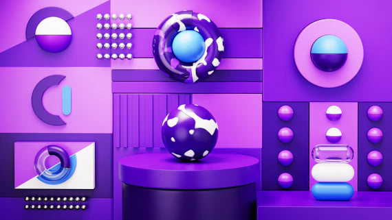 A purple and blue abstract background with circles, balls, and shapes