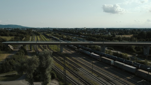 A train traveling over a bridge over a lush green field