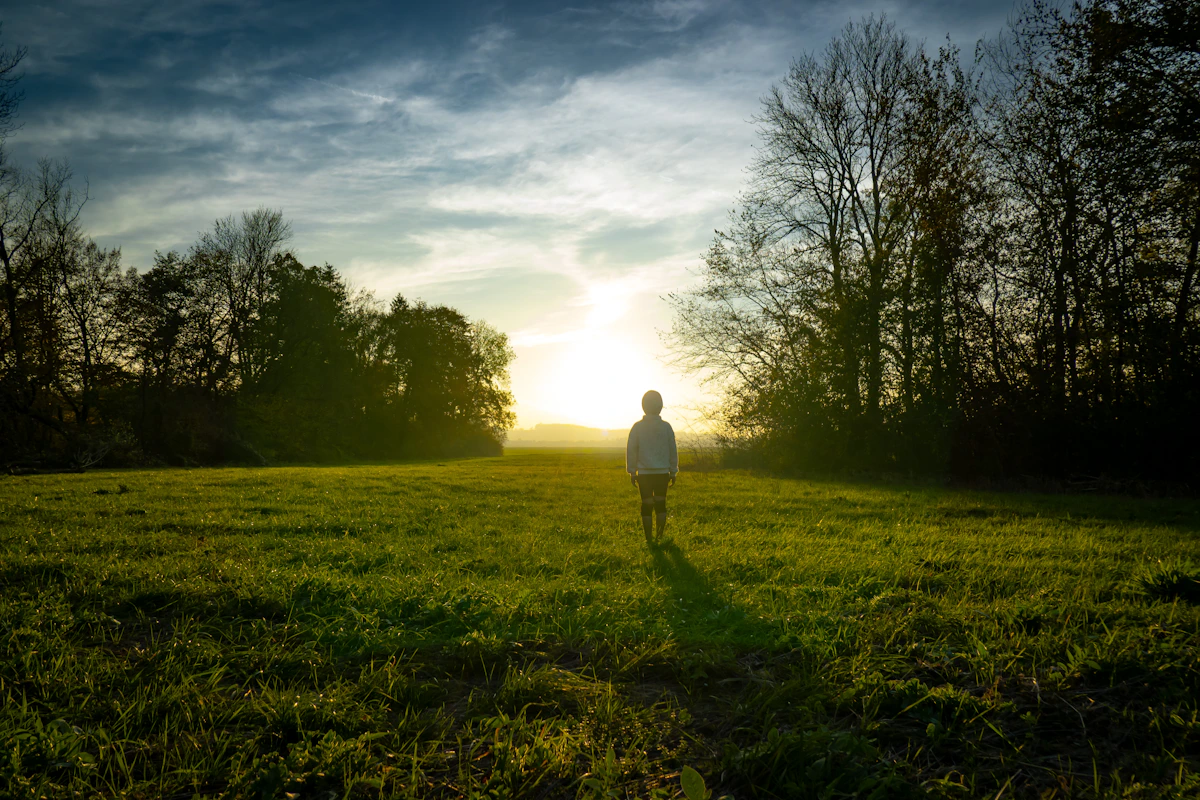 A person standing in a green field in soft evening light