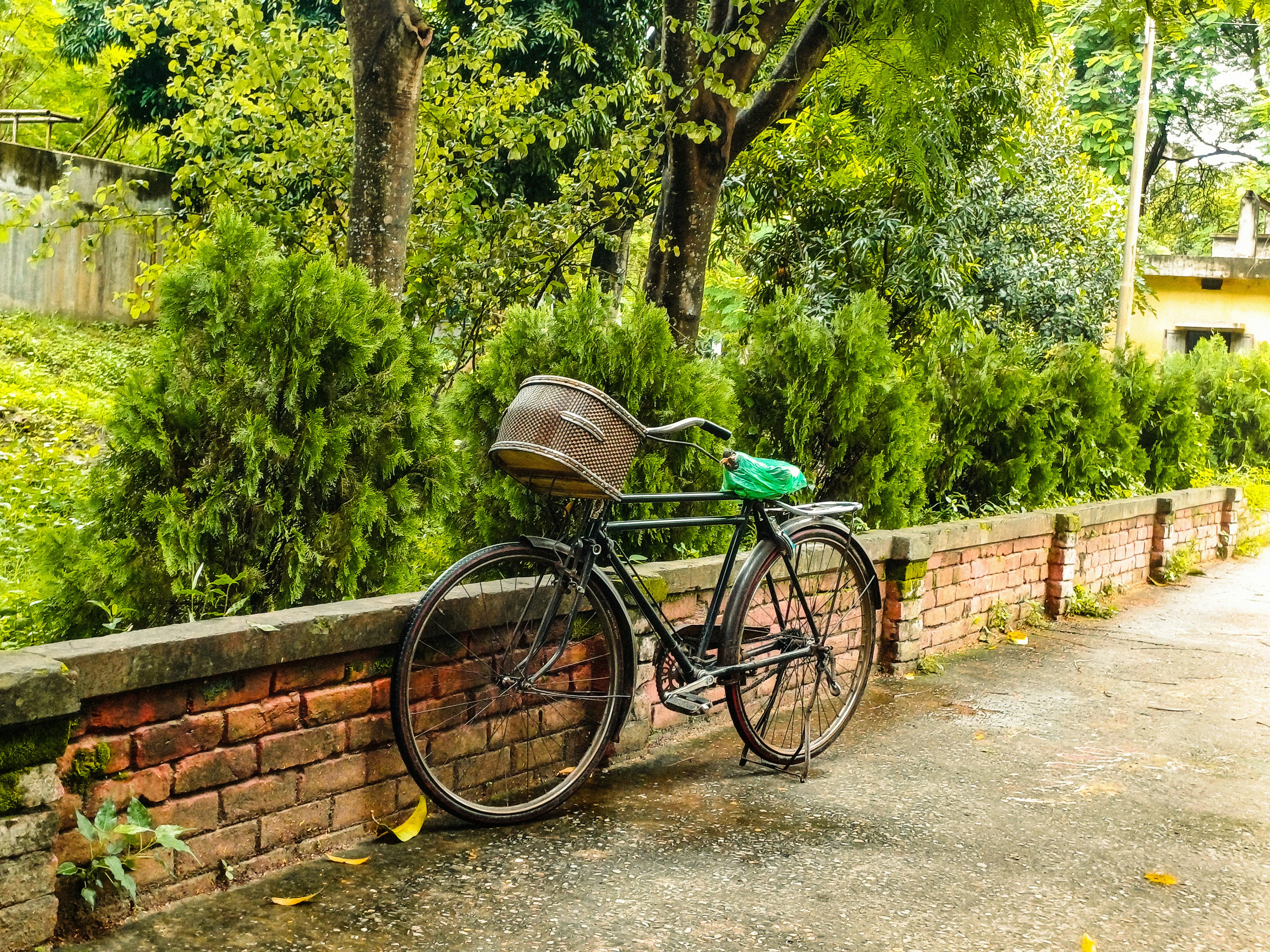 A bicycle leaning against a brick wall in a park