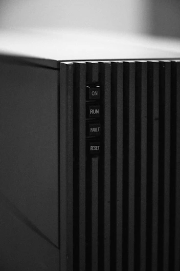 A black and white photo of a computer tower