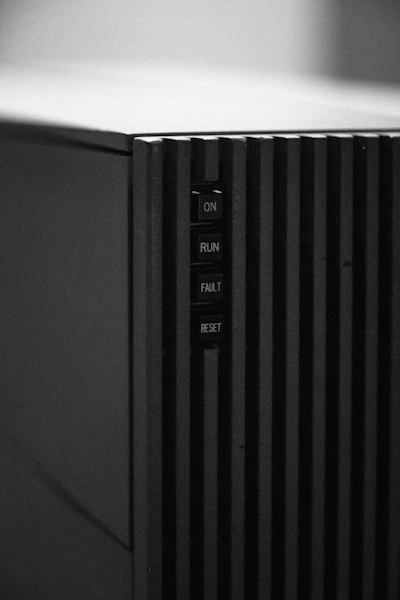A black and white photo of a computer tower