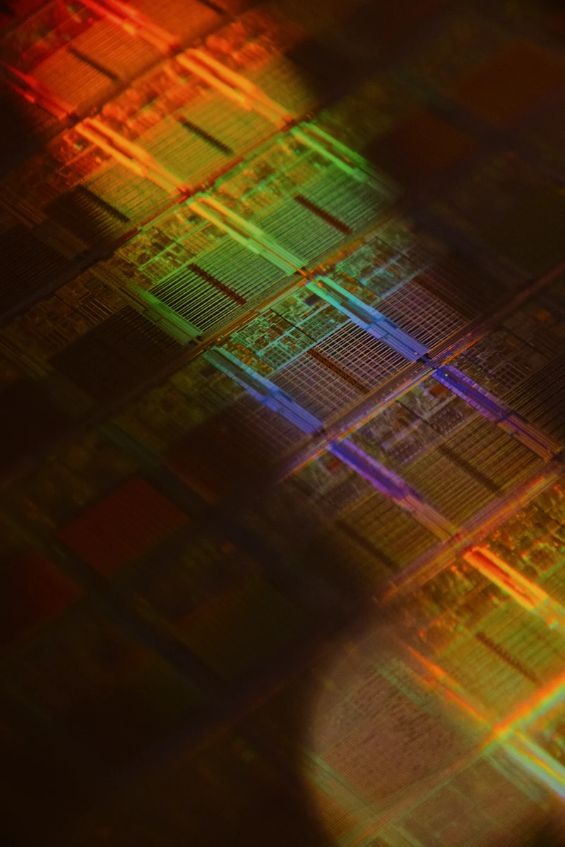 Close-up of a chip die under colorful light