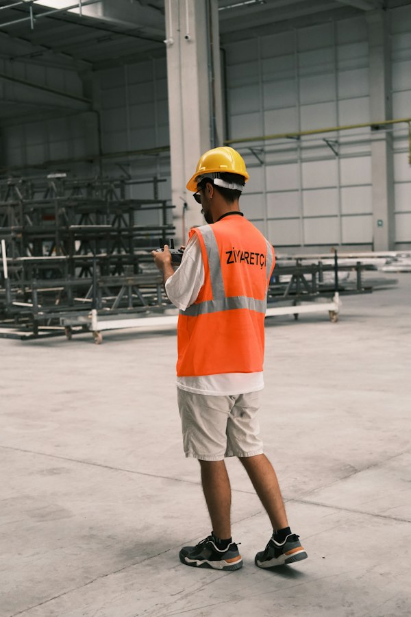 Operador con casco y chaleco naranja revisando su dispositivo dentro de una nave industrial con estructuras metálicas, terreno de la agencia de marketing digital para industria