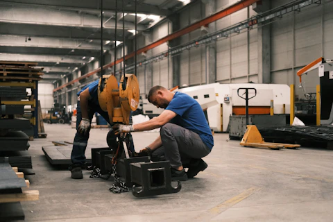 Two men working on a machine in a factory