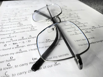 A pair of glasses sitting on top of a piece of paper
