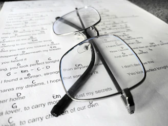A pair of glasses sitting on top of a piece of paper