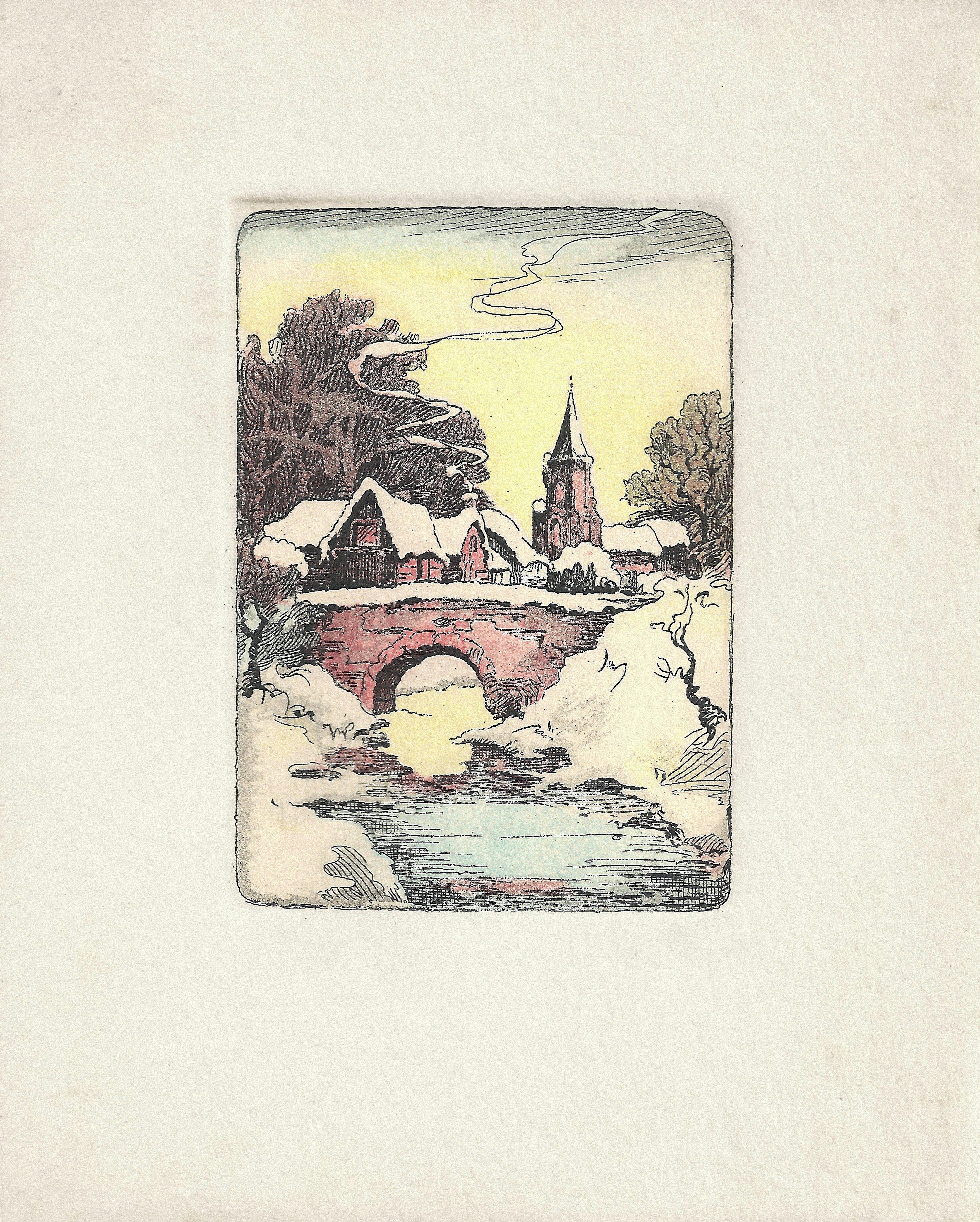 Paysage enneigé avec un pont et une église