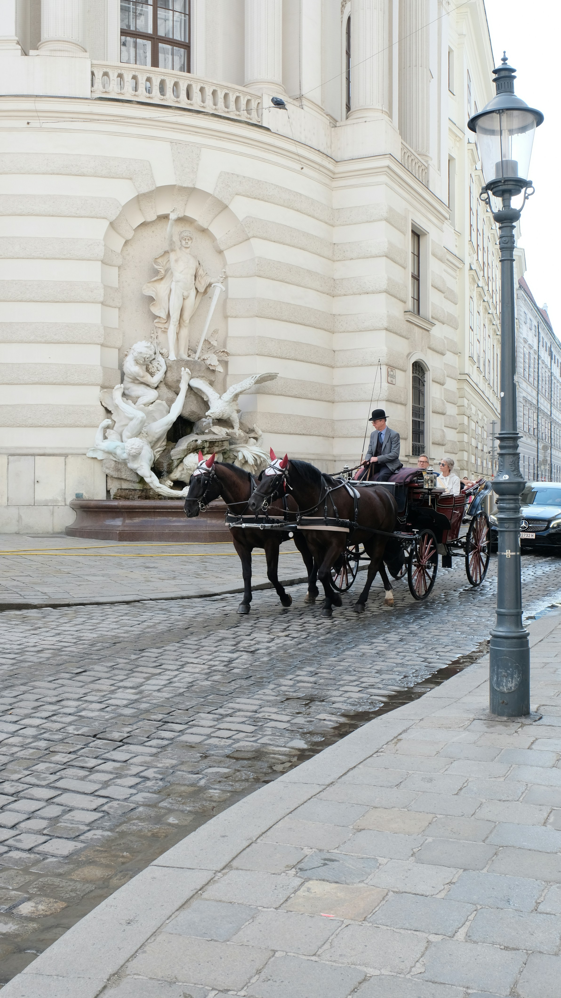 A horse drawn carriage on a city street