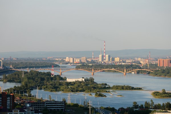 The city and its bridges at dusk — Krasnoyarsk, Russia