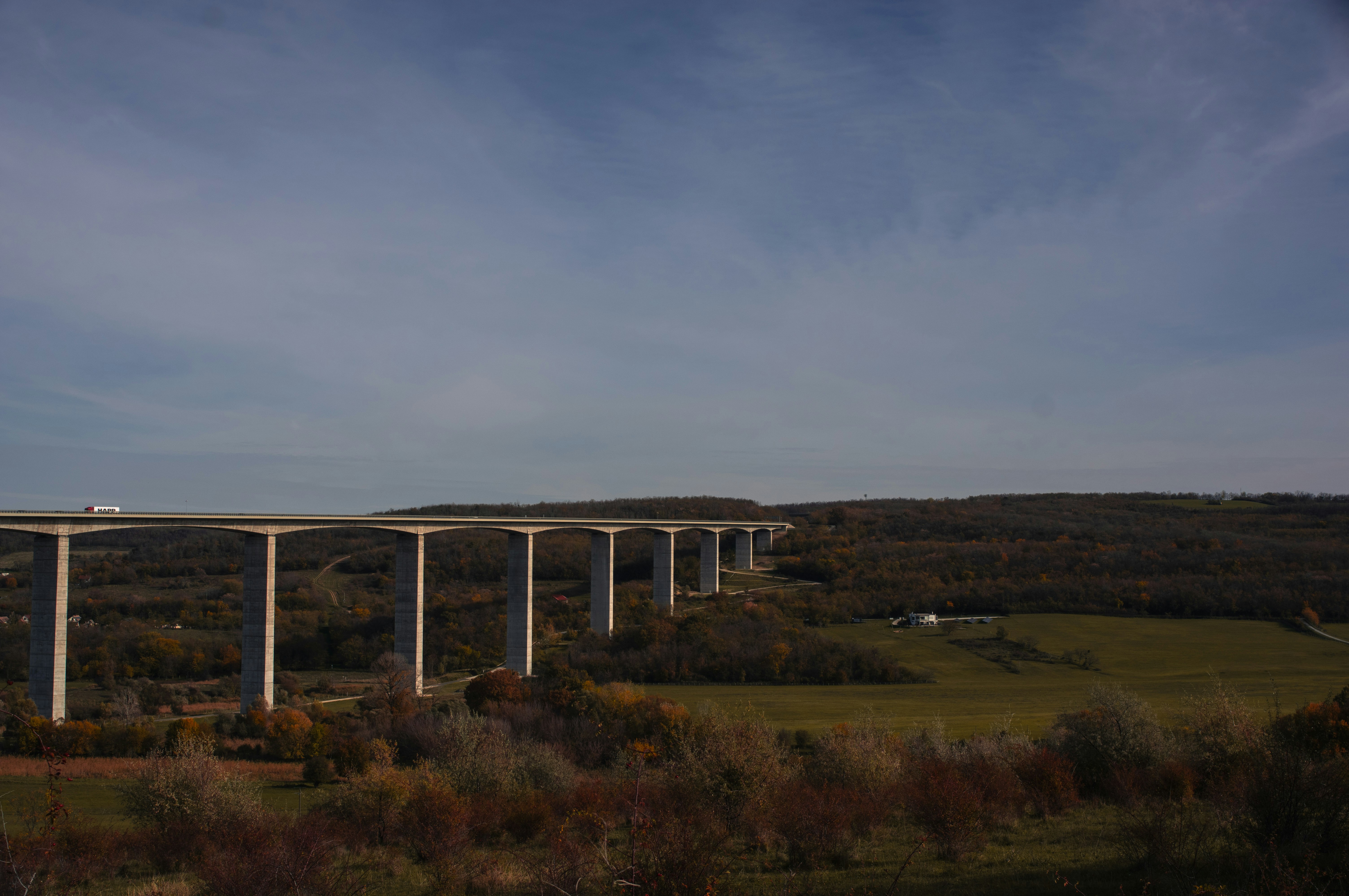 A train traveling over a bridge over a lush green field