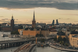 A view of a city with a bridge in the foreground
