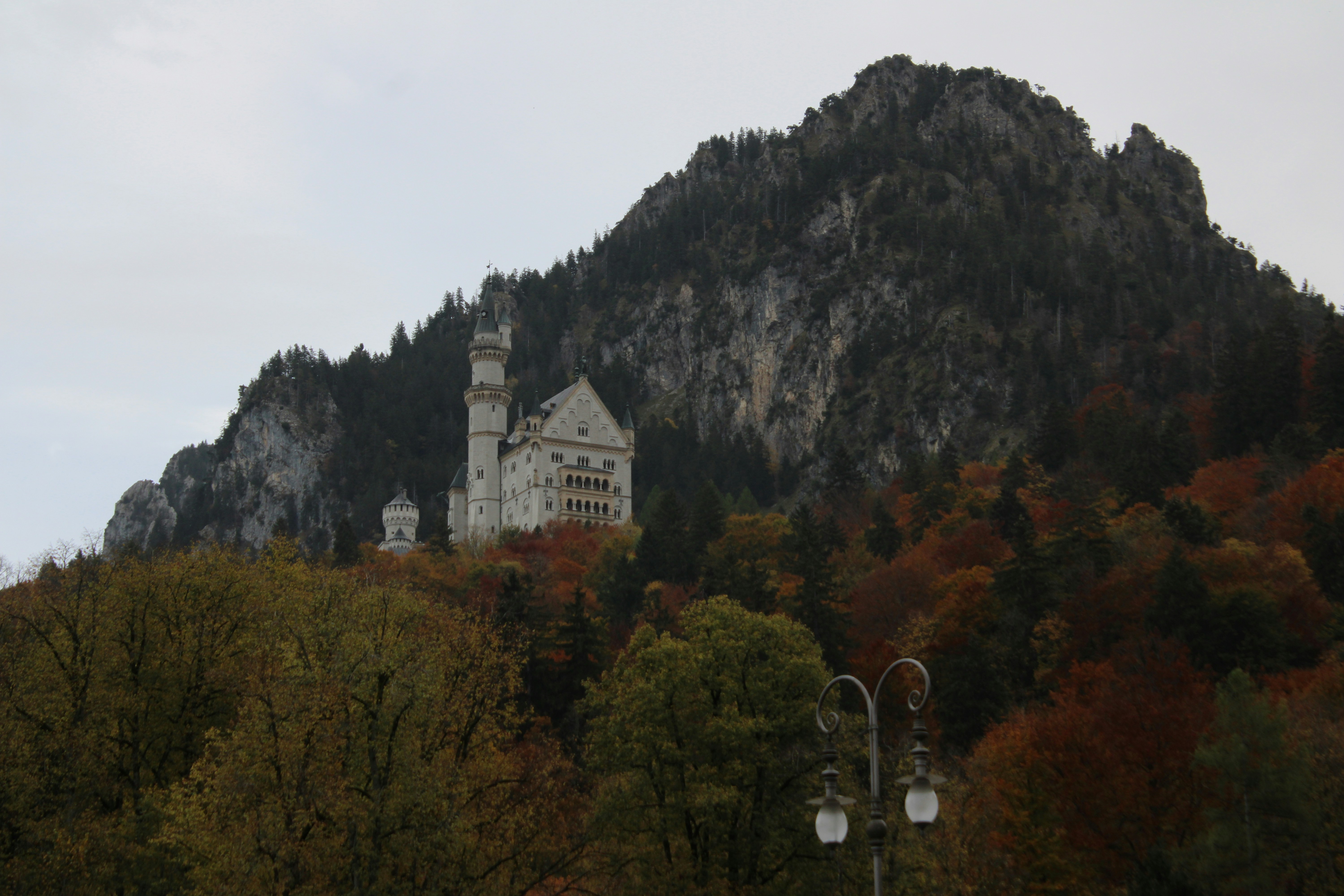 A view of Neuschwanstein castle in southern Germany in the fall.
