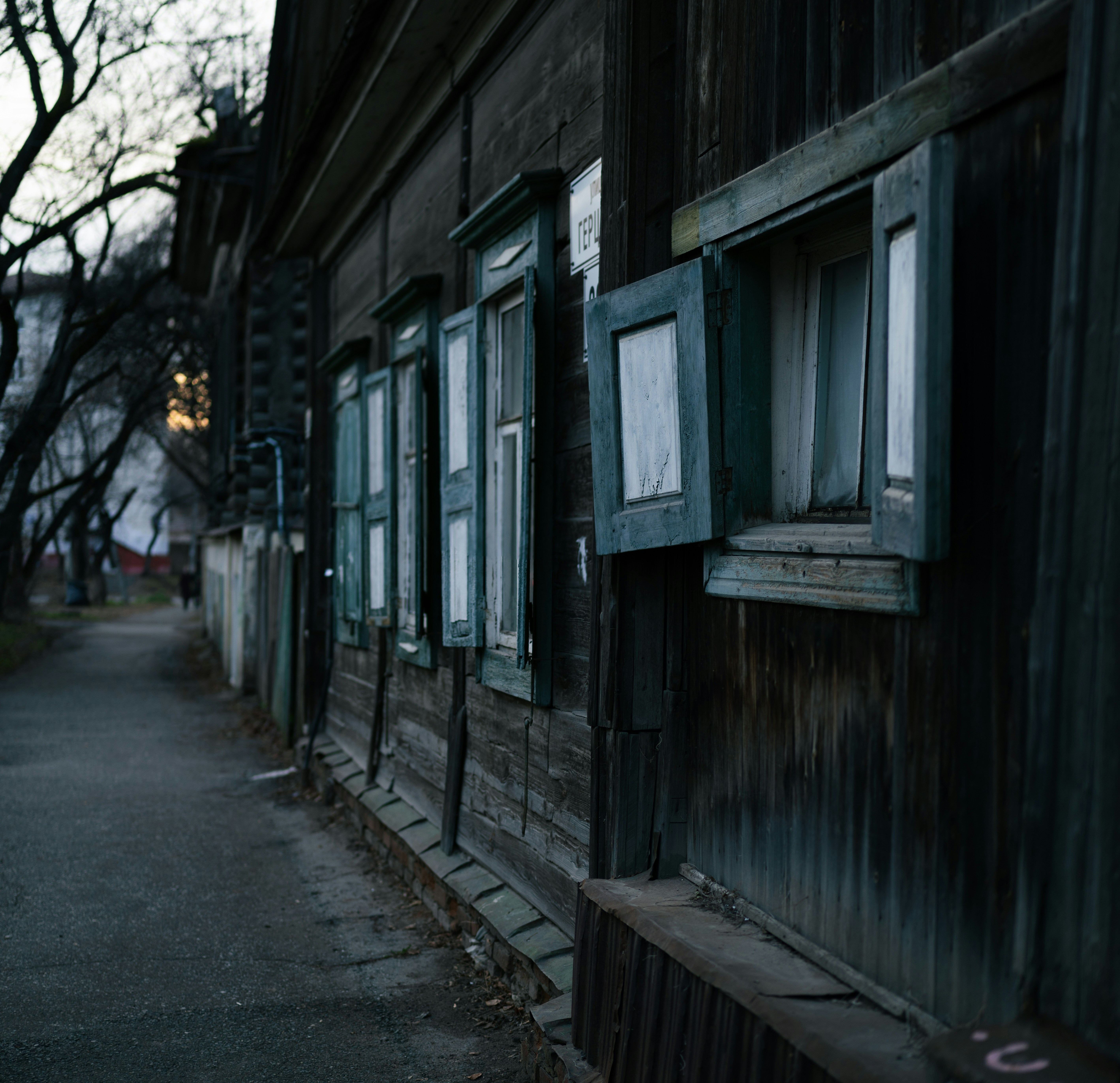 A dark alley way with windows and a tree in the background photo – Free ...