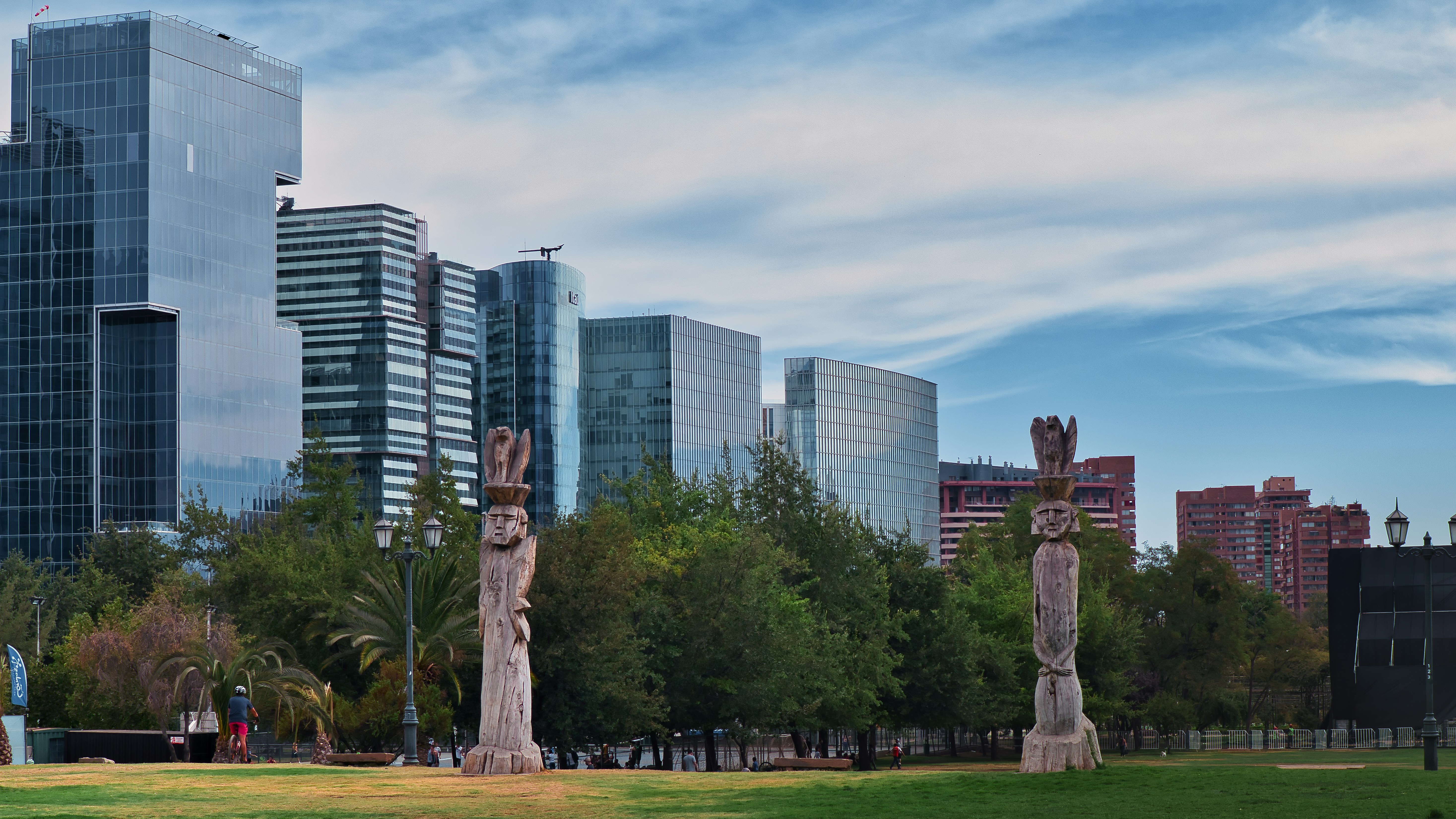 A city skyline with tall buildings in the background