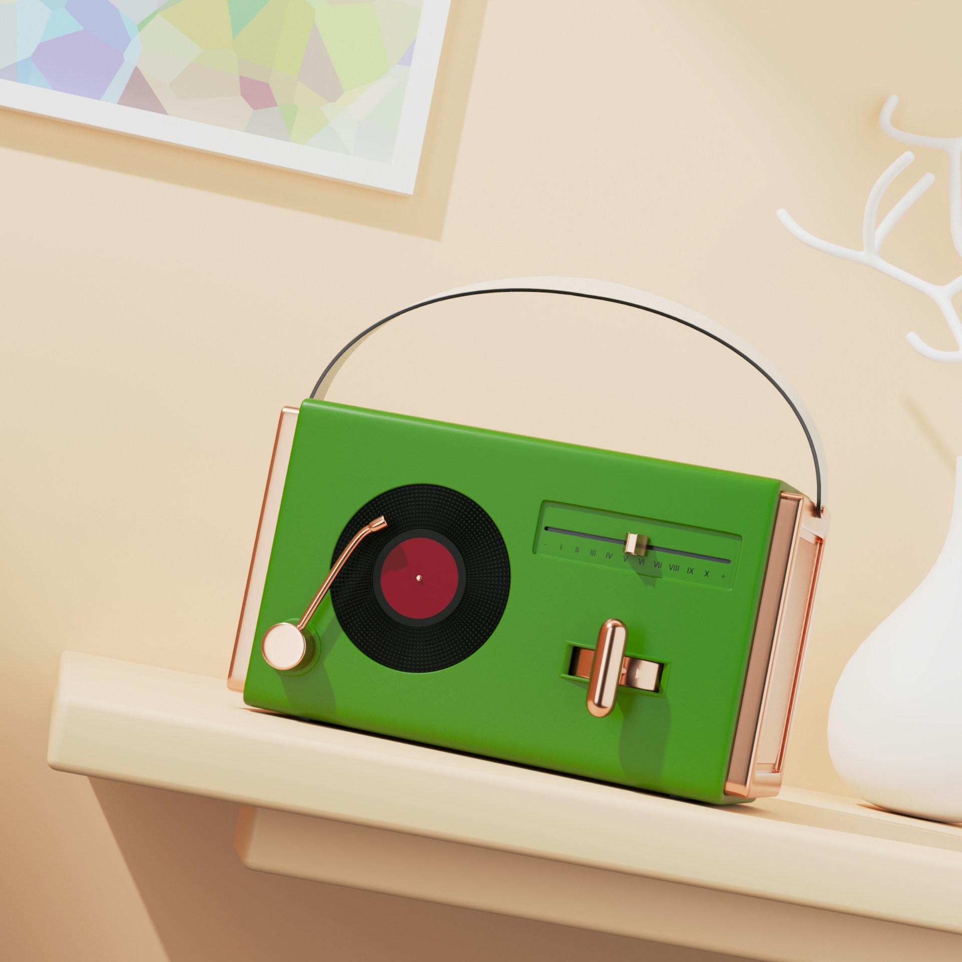A green radio sitting on top of a white shelf