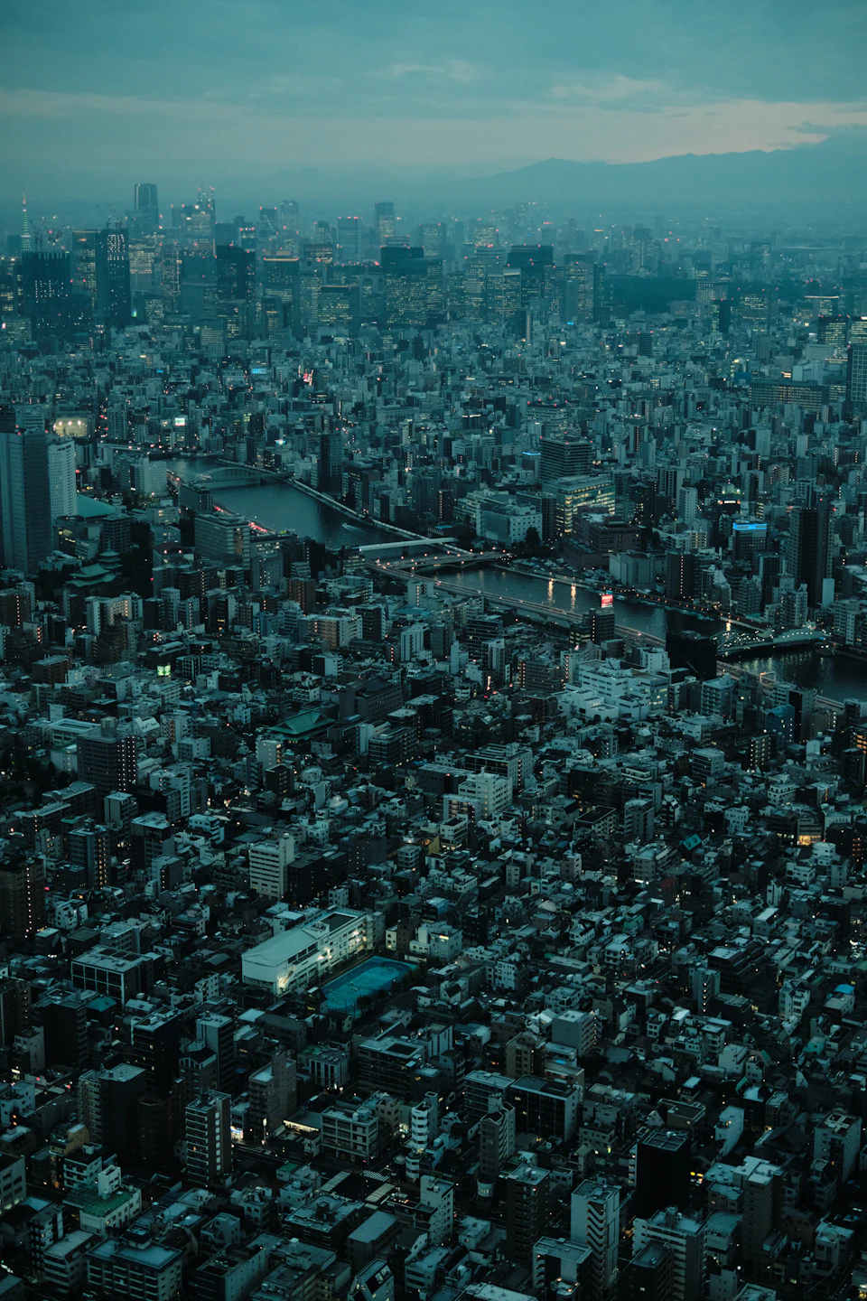 Panoramic view of densely populated cityscape with dark blue hue and varied building heights