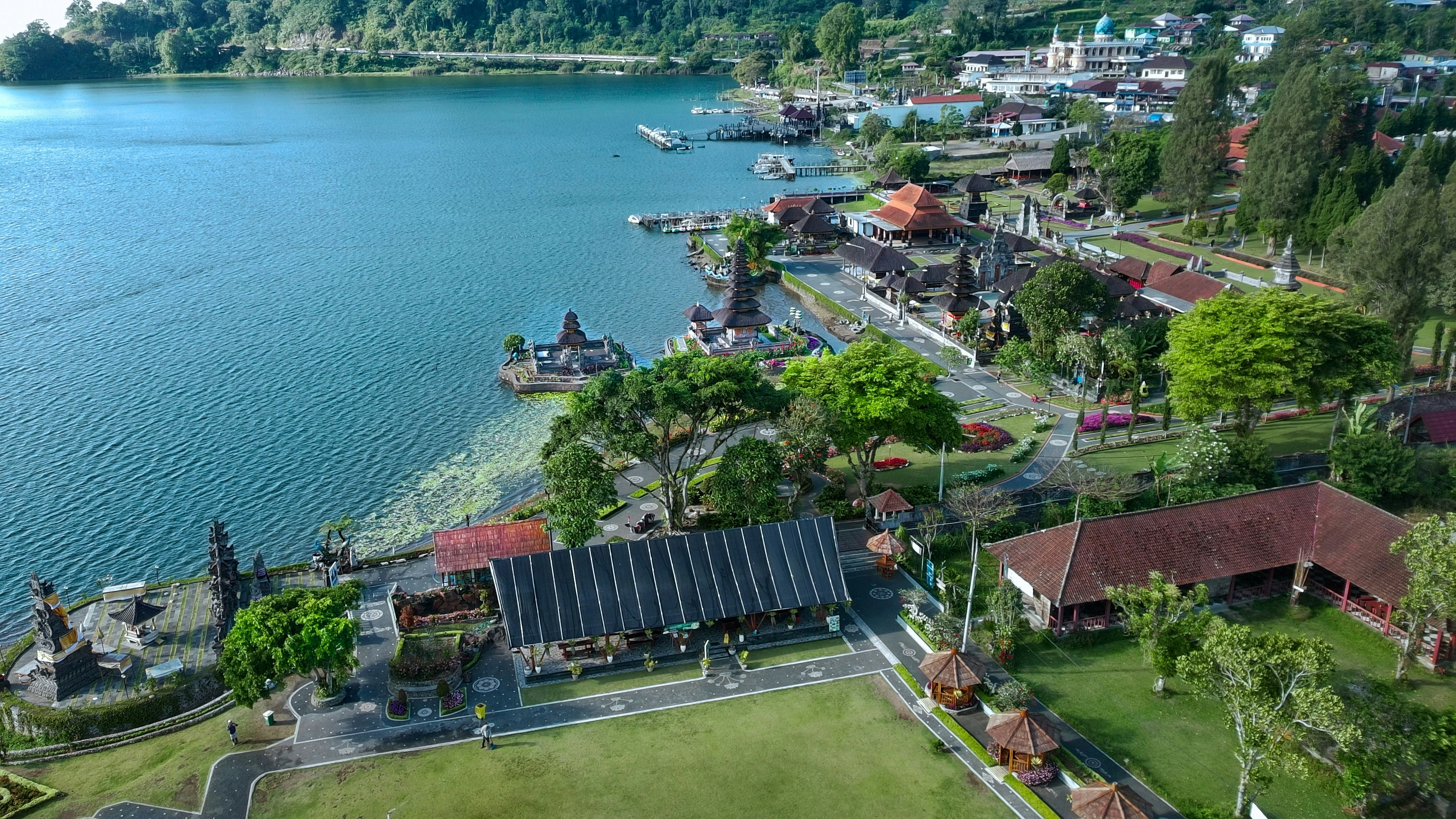 A large body of water surrounded by lush green trees