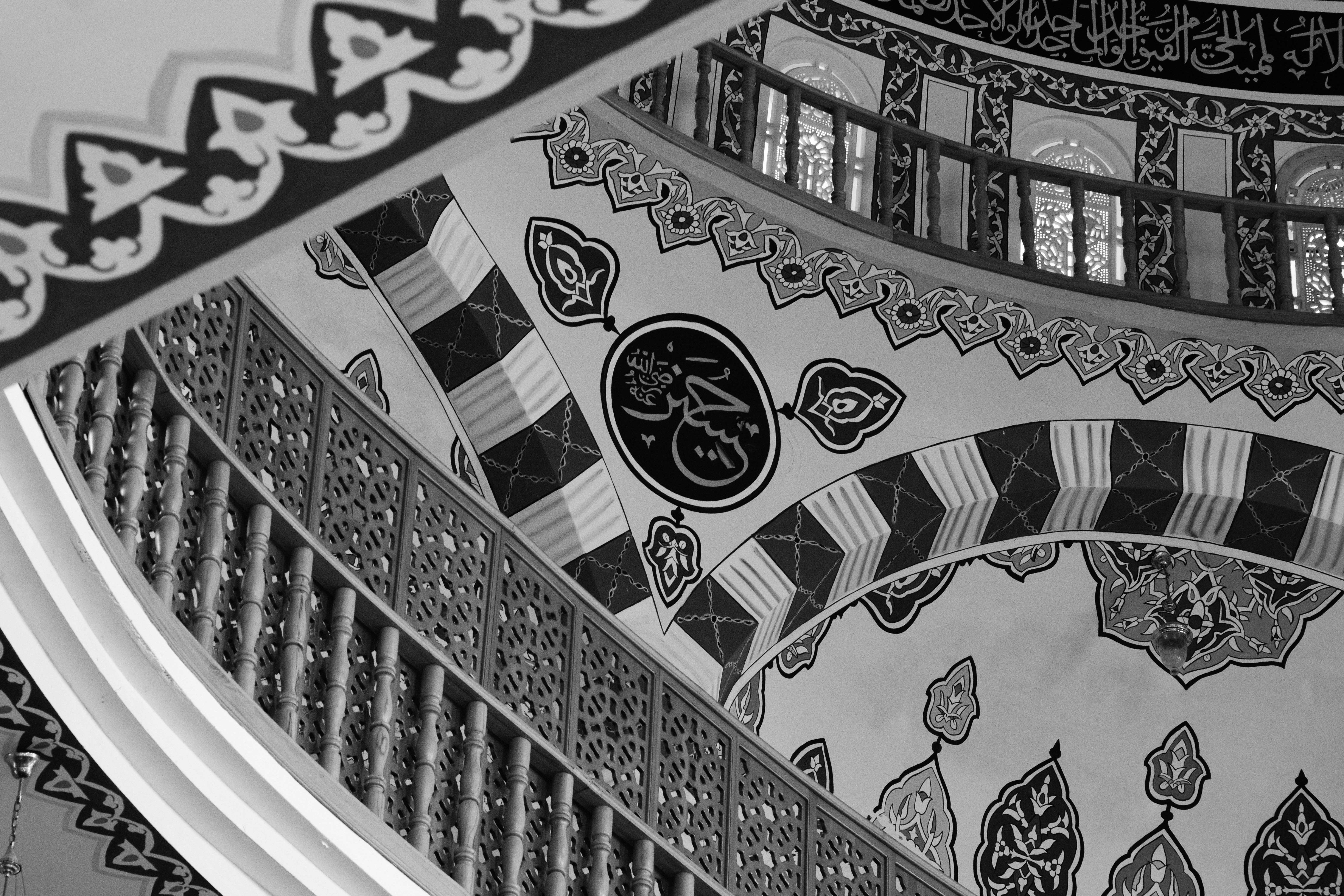 A black and white photo of a staircase