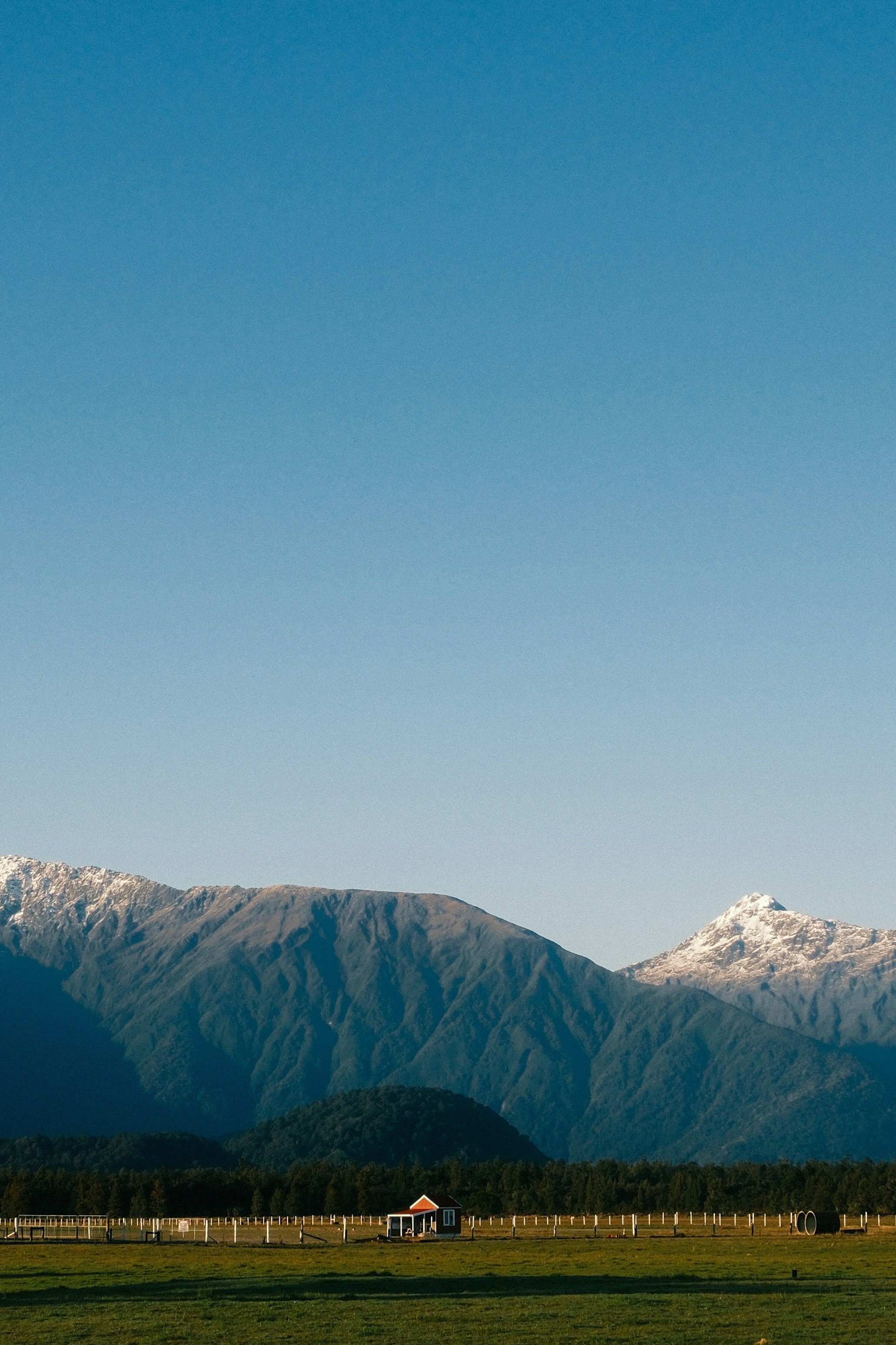 A green field with mountains in the background