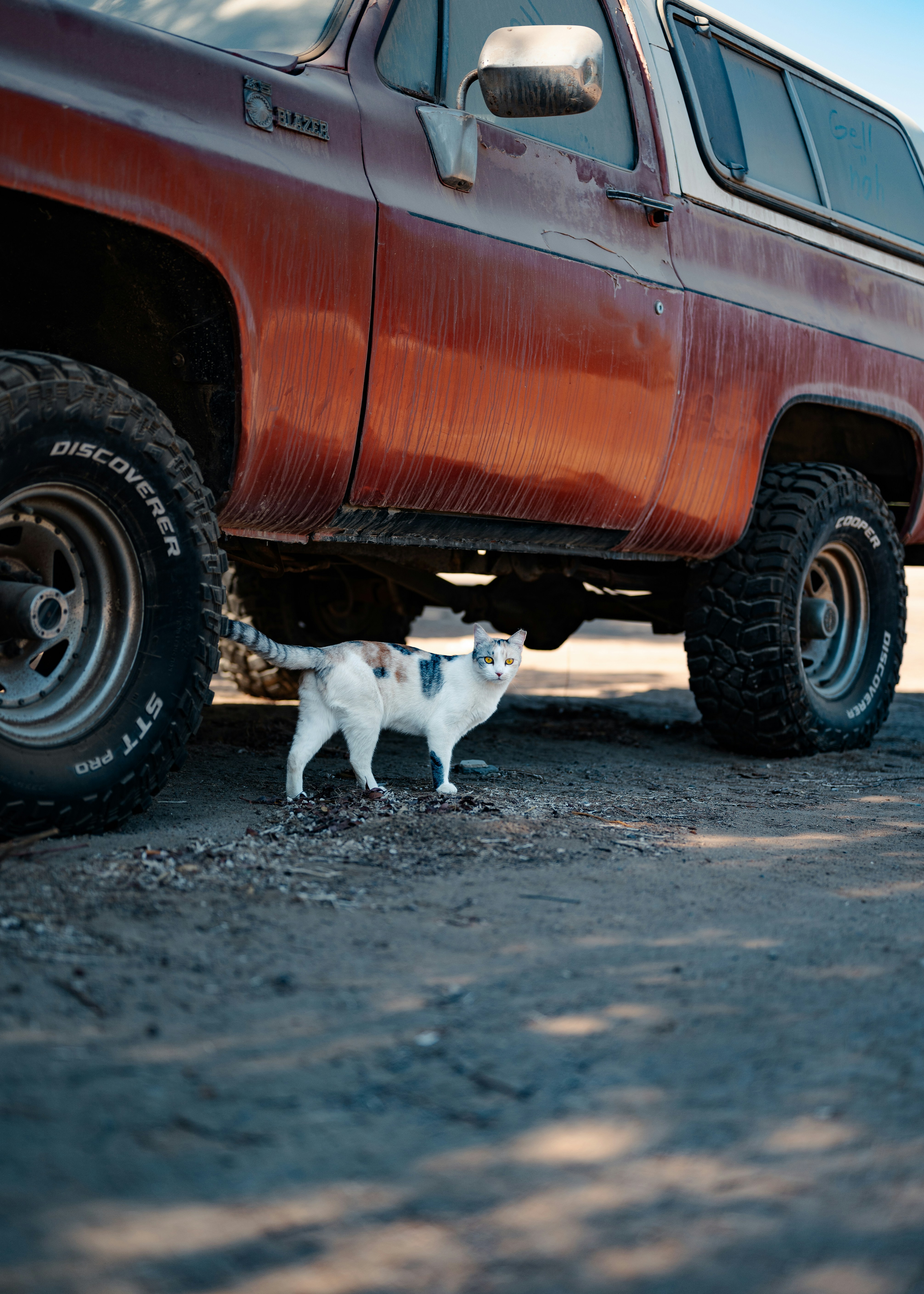 A red truck parked on the side of a road
