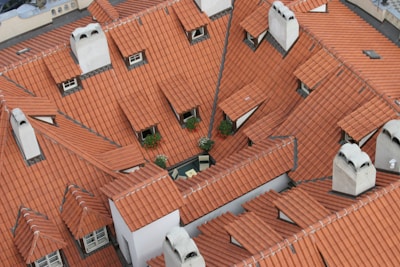 An aerial view of a red tiled roof