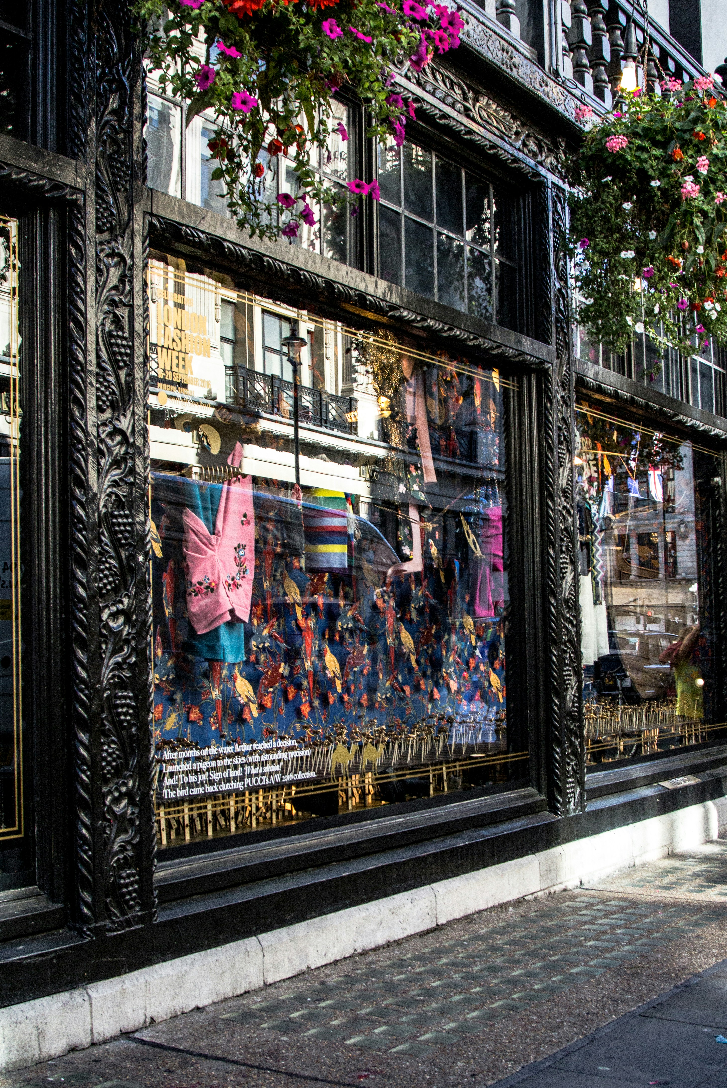 A store front with a large window with flowers hanging from it