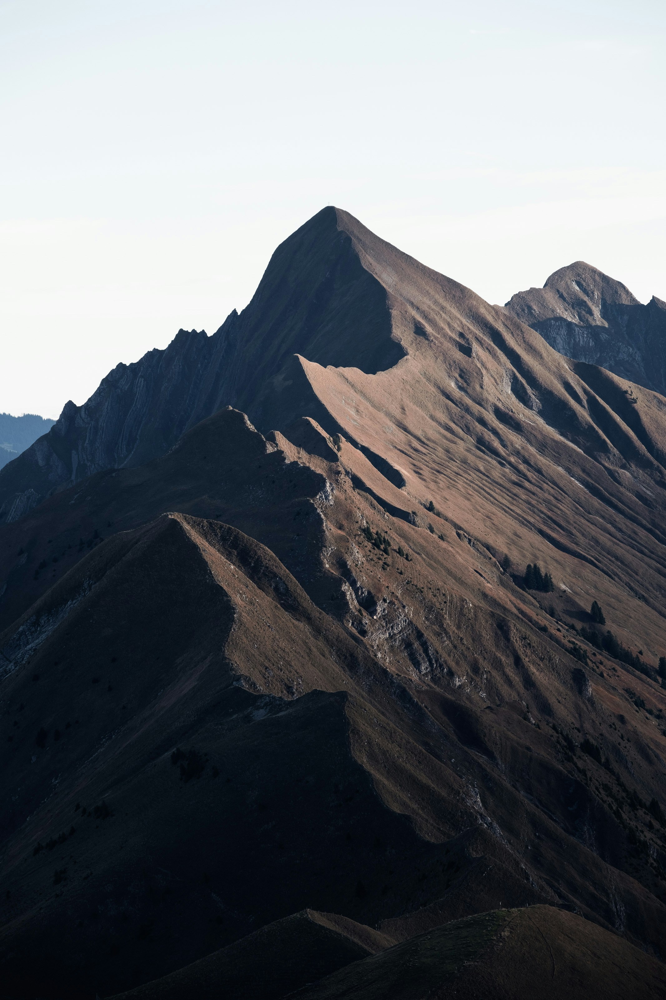 A view of a mountain range from the top of a hill