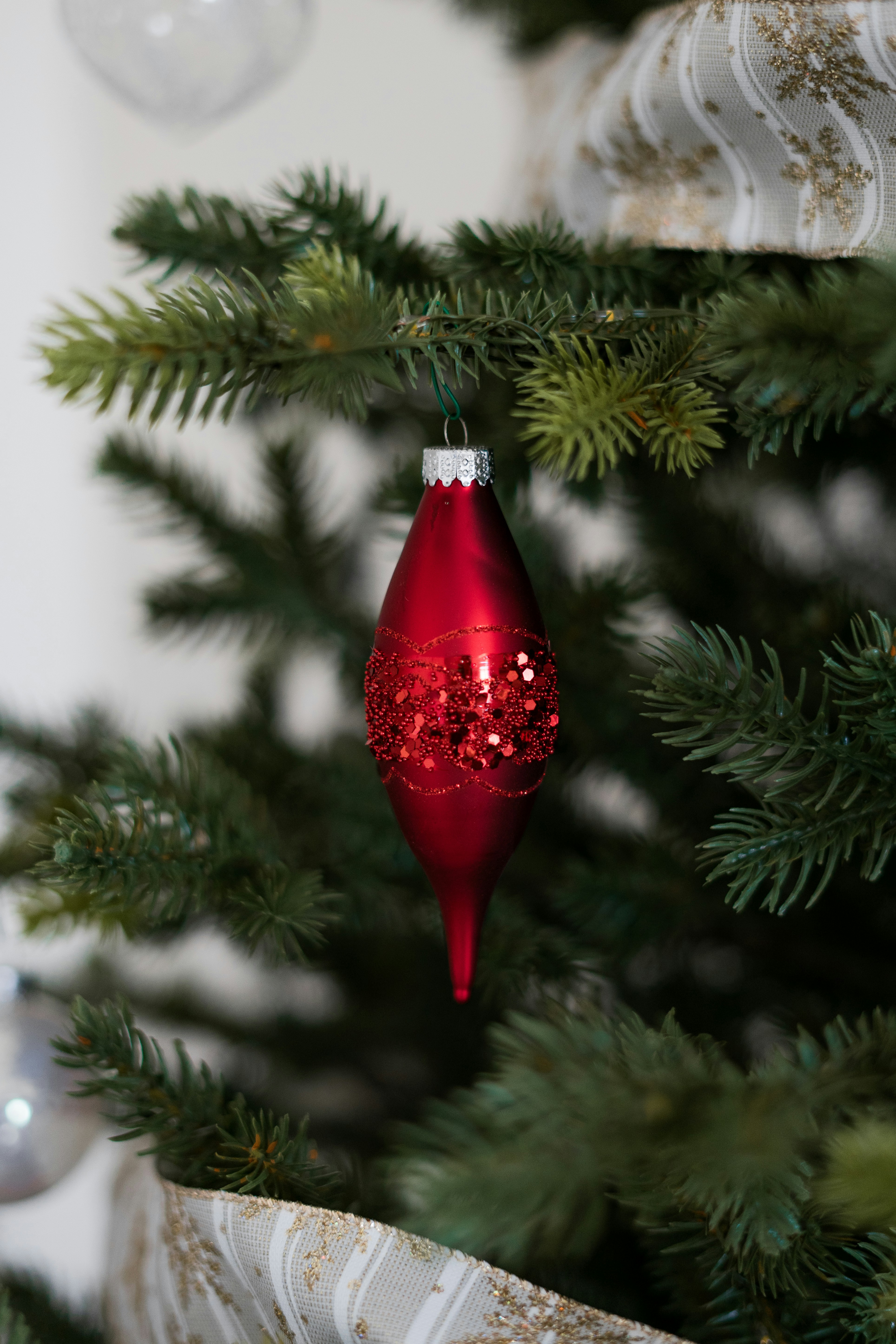 A red ornament hanging from a christmas tree