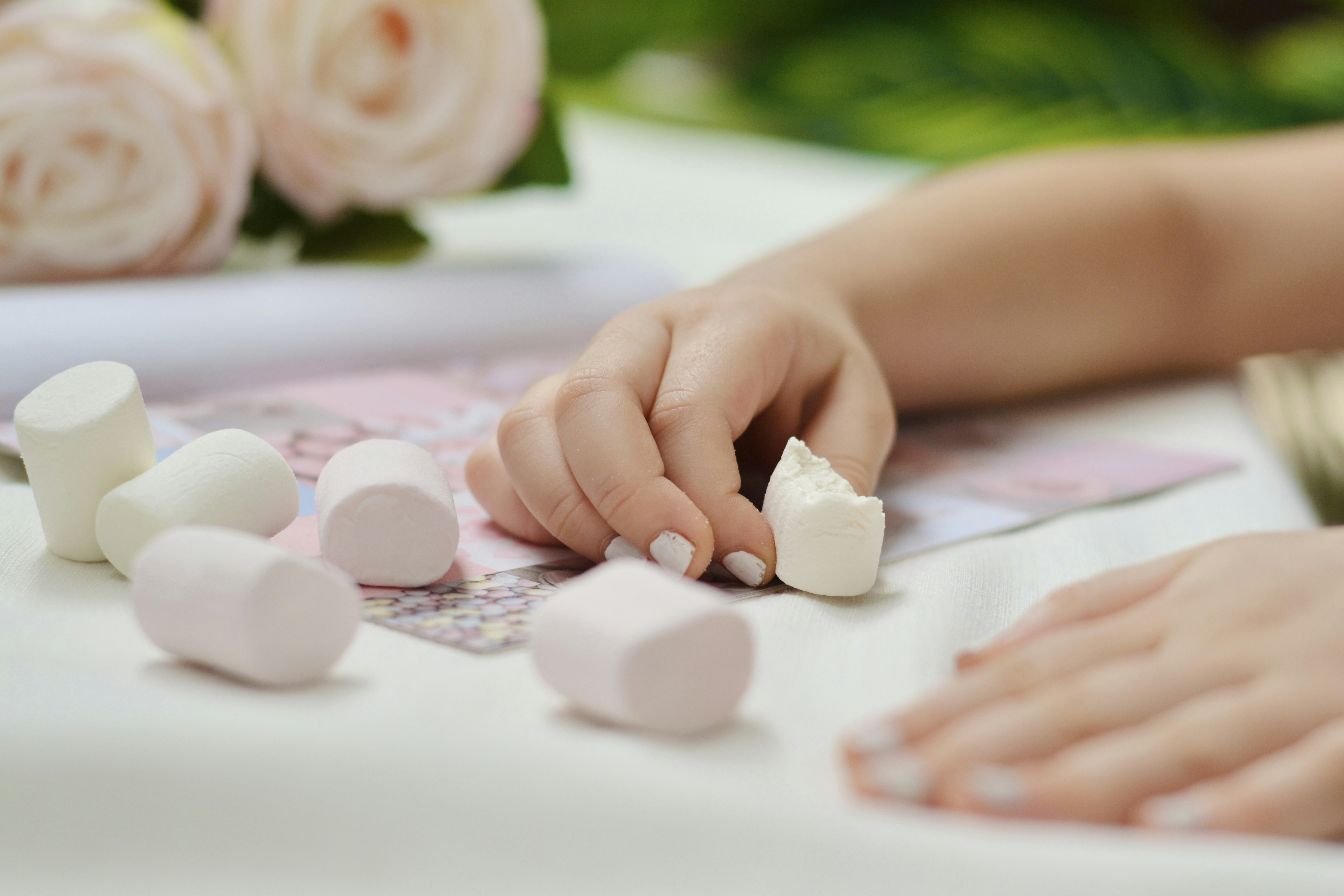 A close up of a person holding marshmallows on a table
