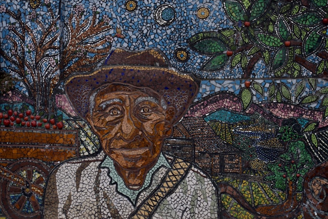 A painting of a man with a hat and a cane